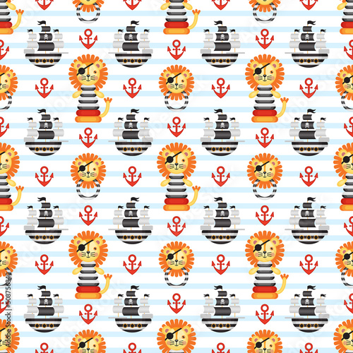 Seamless pattern on the theme of pirates on a striped background. Children's vector pattern. Children's holiday, kids' party, games, baby shower.