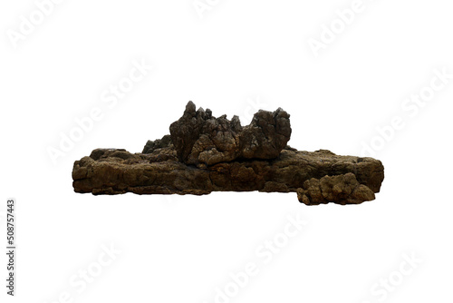 Rocky reef stone is isolated on white background. A big raw strange natural coastal rock for decoration.