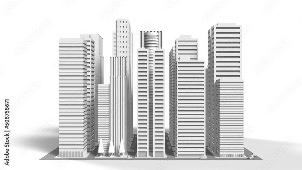 White office buildings on white background.
3D illustration.