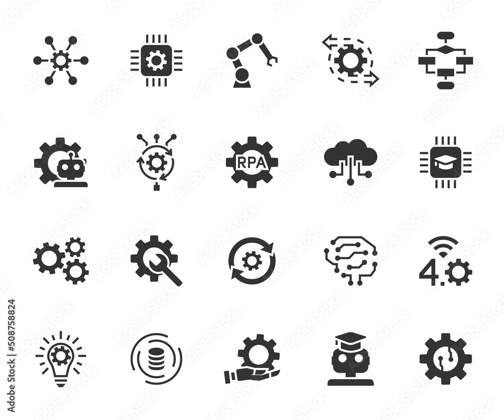 Vector set of process automation flat icons. Contains icons robotic, algorithm, innovation, artificial intelligence, big data, machine learning and more. Pixel perfect.