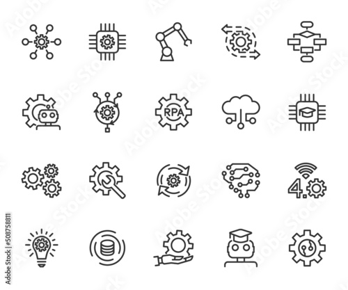 Vector set of process automation line icons. Contains icons robotic, algorithm, innovation, artificial intelligence, big data, machine learning and more. Pixel perfect.