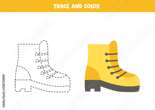 Trace and color yellow hiking boot. Worksheet for children.