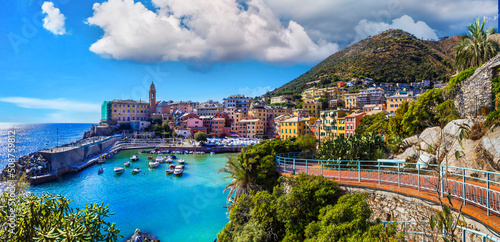 Most colorful coastal towns near Genova - beautiful Nervi village in Liguria with nice beach. Italy summer destinations, Liguria