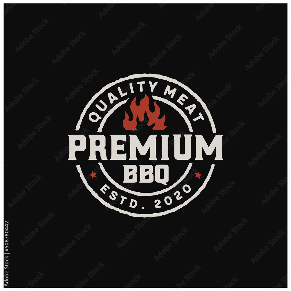 Simple Rustic Stamp with fire flame for Traditional BBQ Barbecue Emblem Badge logo design