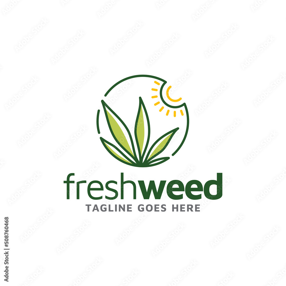Fresh Grass with Sunrise. Marijuana Cannabis Leaf with Morning Sun logo design Fresh Grass with Sunrise. Marijuana Cannabis Leaf with Morning Sun logo design