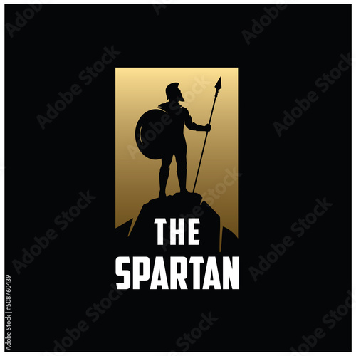 Silhouette of Spartan Knight Soldier, Greek Warrior standing with the spear on top cliff after a war battle logo