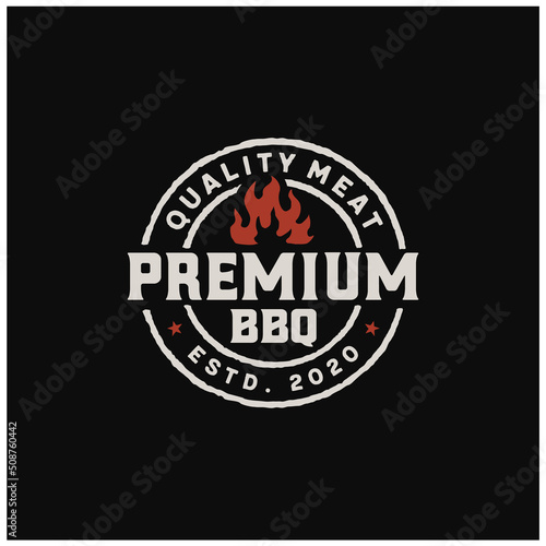 Simple Rustic Stamp with fire flame for Traditional BBQ Barbecue Emblem Badge logo design