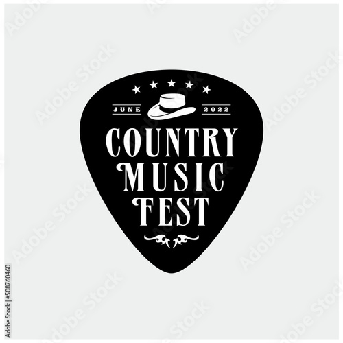 Guitar Pick Emblem with Cowboy Sheriff Bandit Hat for Western Music Country Fest logo design