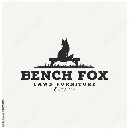 Silhouette of Fox Dog Wolf Coyote sitting on the wooden bench for Lawn Furniture Landscape logo design