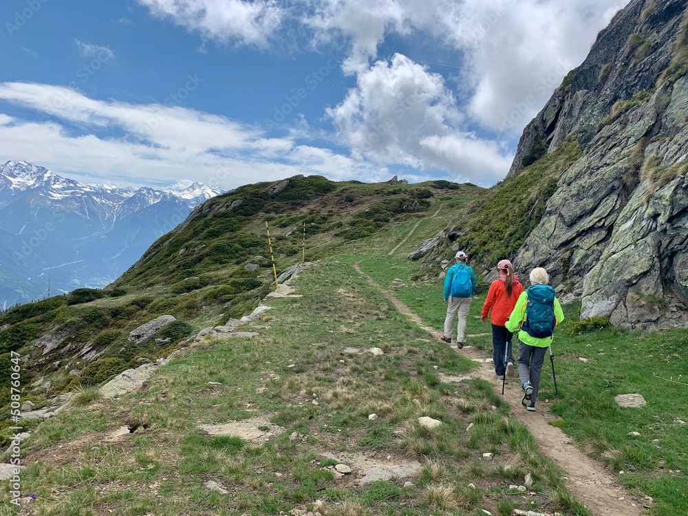 Wanderer auf Wanderweg wandern auf der Riederalp im Wallis bei Fiesch - Bergwelt Aletschgletscher, Aletschhorn
