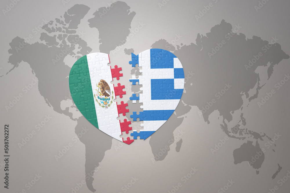 puzzle heart with the national flag of greece and mexico on a world map ...