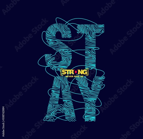 Stay Strong,Never give up - slogan for t-shirt design with camouflage texture and line style text. Typography graphics for tee shirt in military style. Apparel print with camo. Vector illustration.