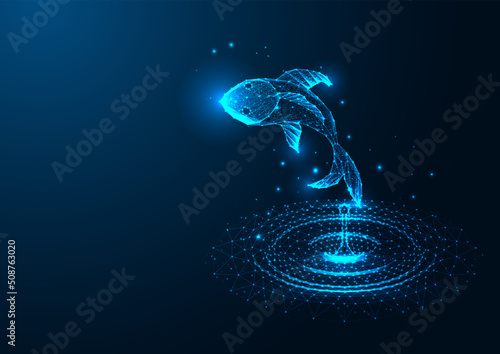 Futuristic fish jumping from water concept in glowing low polygonal style isolated on dark blue 