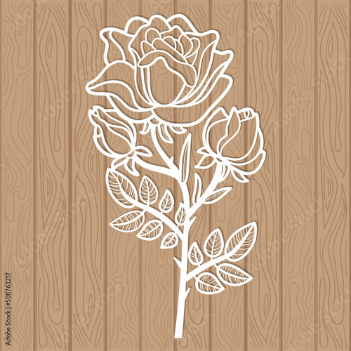 Template for laser cutting. Rose flower with buds and leaves. For cutting from any materials. For the design of postcards, wedding greetings, invitations, menus, interior decor elements. Vector