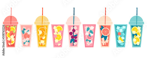 Refreshing summer cocktails set. Vector flat texture illustration. Plastic drinking cup with lid and straw. Cooling cocktails with ice cubes and berries. Citrus refreshing healthy drink for design