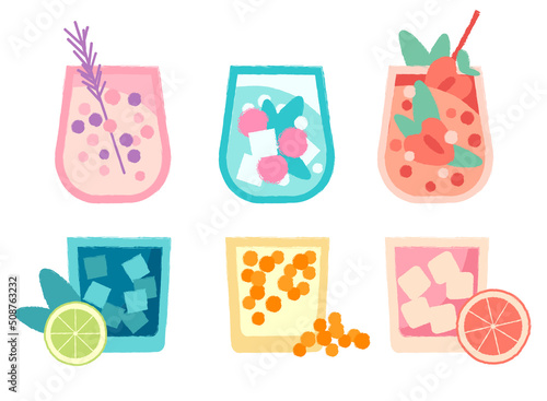 Set juice glasses. Refreshing summer cocktails. Vector flat texture illustration. Alcohol cocktail drink with ice for bar. Healthy smoothie with berries and citrus. Bright illustration cold drinks