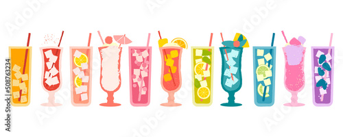Set juice and milkshakes. Vector flat illustration with texture. Refreshing drink for bar. Alcoholic cocktail with ice. Healthy drink with berries and citrus. Milkshake with marshmallows and cream