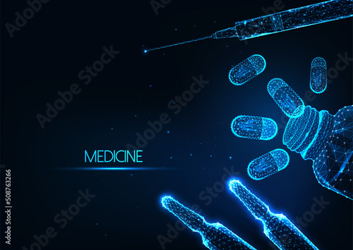 Futuristic medicine, medicament treatment concept with glowing bottle pills, syringe, vial 