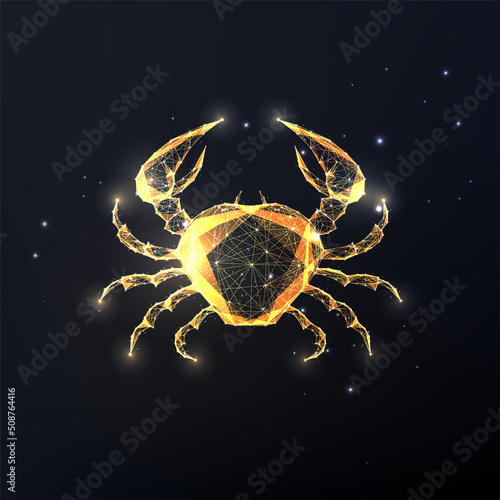 Abstract gold crab in glowing low polygonal style on black background. Cancer zodiac sign. Seafood. 