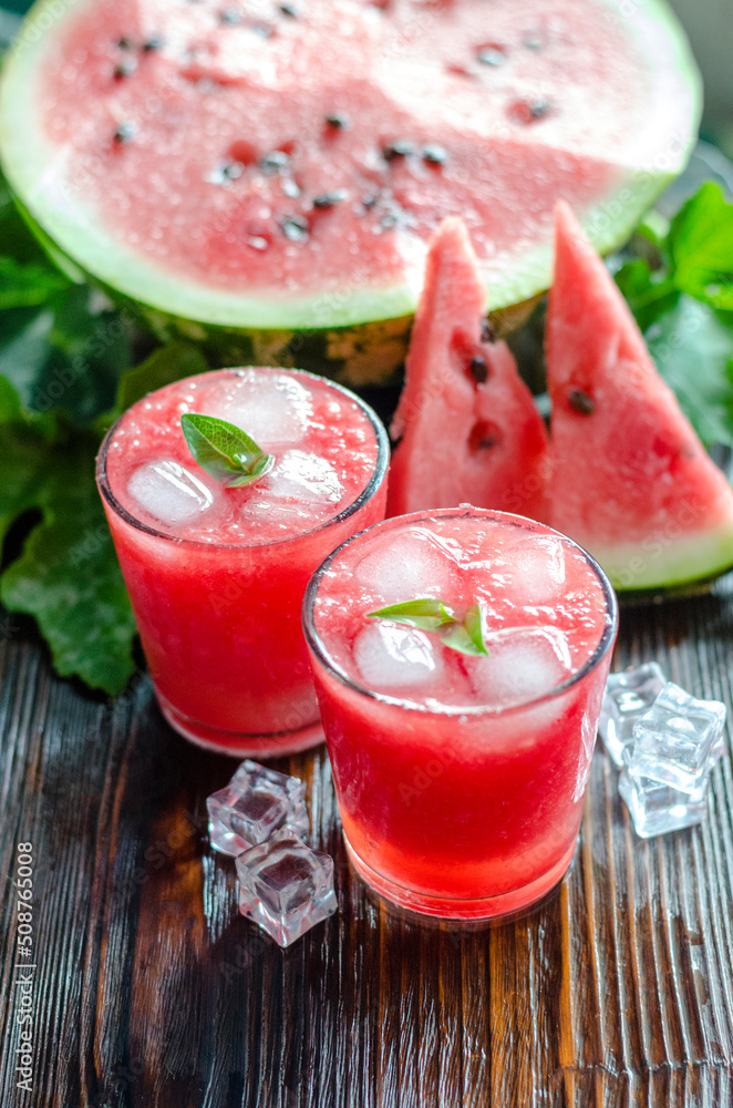Fresh summer watermelon lemonade in glass glasses. Fresh summer watermelon lemonade in glass glasses.