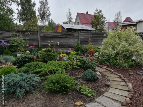 construction of big round garden Alpine slide with stones and dwarf conifers and circular walking path.Garden flowerbed in the countryside with wooden house.Junipers spruce firs Abies  rhododendrons