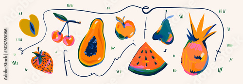 Juicy artistic hand drawn fruit set illustrations. Modern abstract cartoon style. Fashionable template for design. 