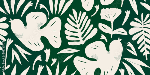 Hand drawn abstract flowers and birds illustration pattern. Collage contemporary print. Fashionable template for design. Ethnic style.