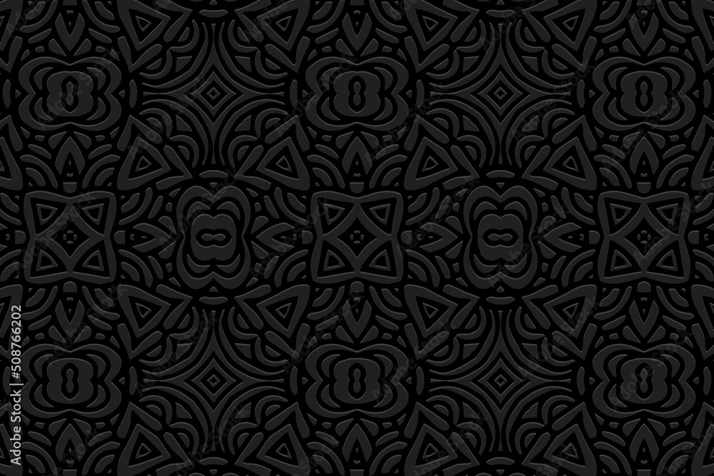 Embossed stylish floral black background, ethnic cover design. Geometric 3D pattern, arabesques. Modern texture idea in handmade style of the peoples of the East, Asia, India, Mexico, Aztecs, Peru.
Embossed stylish floral black background, ethnic cover design. Geometric 3D pattern, arabesques. Modern texture idea in handmade style of the peoples of the East, Asia, India, Mexico, Aztecs, Peru.