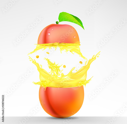 Peaches in juice splash isolated on a white background.Illustration vector