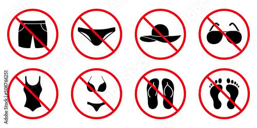 Caution Ban Beach Summer Wear Black Silhouette Icon. Warning Forbidden Enter in Sunglasses Hat Swimsuit Flip Flop Pictogram. Prohibited Summer Swimwear Stop Red Sign. Isolated Vector Illustration