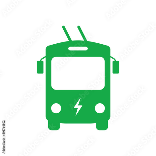 Electric Trolleybus Silhouette Green Icon. Eco Trolley Bus in Front View Glyph Pictogram. Stop Station Sign for Ecology City Electro Transport Icon. Isolated Vector Illustration