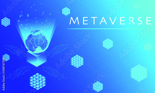 Metaverse, virtual reality, blockchain technology. World map globe in virtual reality portal in futuristic background.