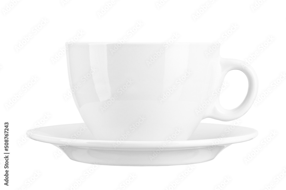 Porcelain white cup and saucer for tea or coffee isolated on white background. Porcelain white cup and saucer for tea or coffee isolated on white background.