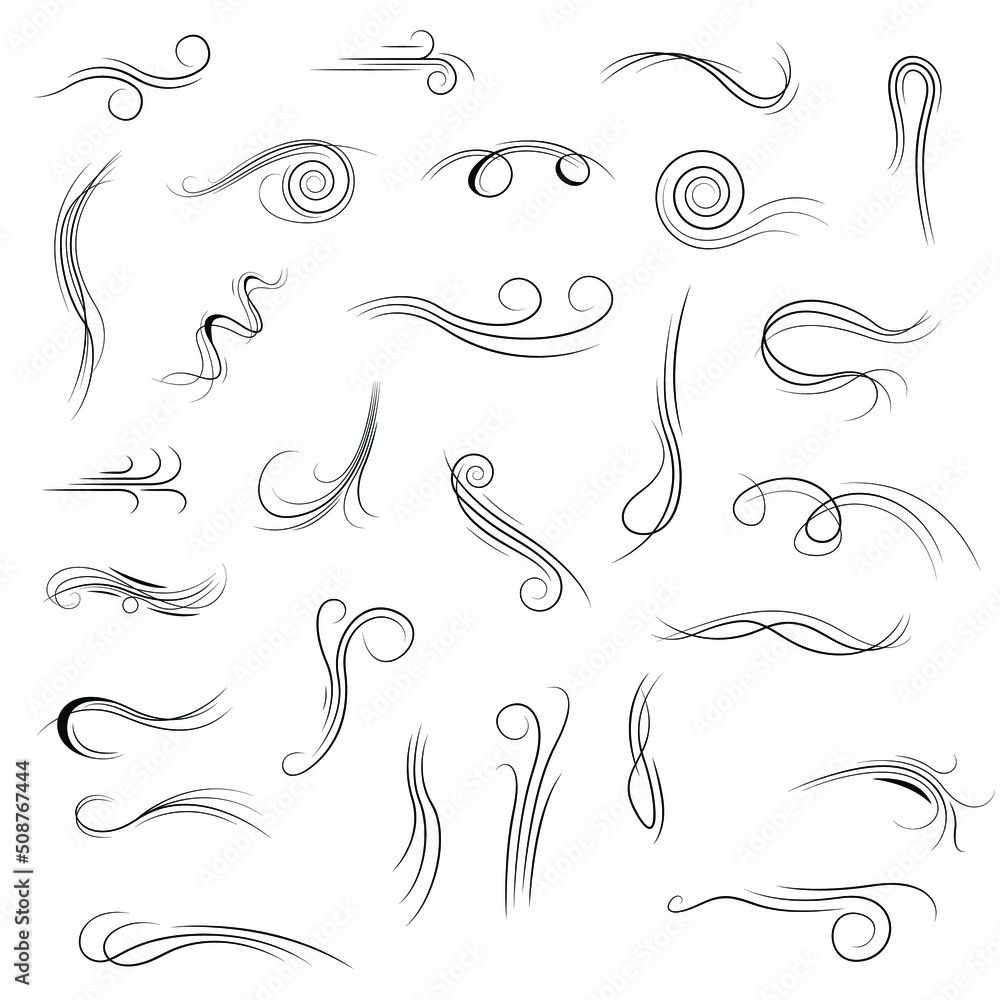 Fototapeta premium Big Set Black Collection Simple Line Winds Gust Squall Curl Doodle Outline Nature Element Vector Design Style Sketch Isolated Illustration