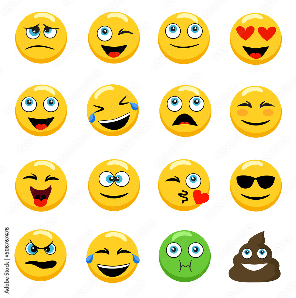 Emoji face sets. Emotions icons. Abstract funny flat style reactions color icon set. Stickers set. Isolated vector illustration on white background Emoji face sets. Emotions icons. Abstract funny flat style reactions color icon set. Stickers set. Isolated vector illustration on white background