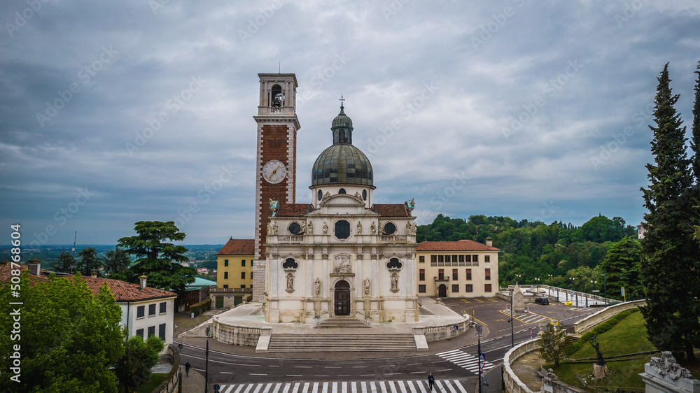 Aerial View of the Church of St. Mary of Mount Berico in Vicenza, Veneto, Italy, Europe, World Heritage Site