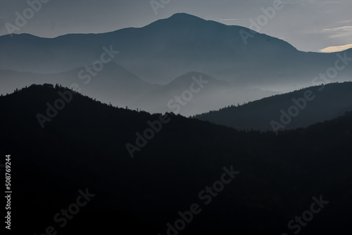 mountains in the fog, silhouette, landscape, twilight
