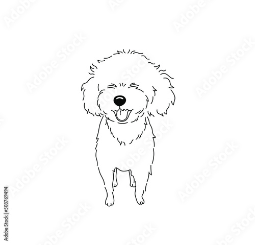 Vector isolated cute cartoon smiling shaggy dog with open mouth colorless black and white contour line drawing
