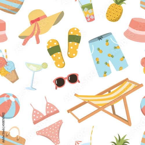 Cartoon colorful summer resort elements seamless pattern: chair, hat, cocktails, clothes. Great for wallpaper, textiles, and print. Isolated on white background.