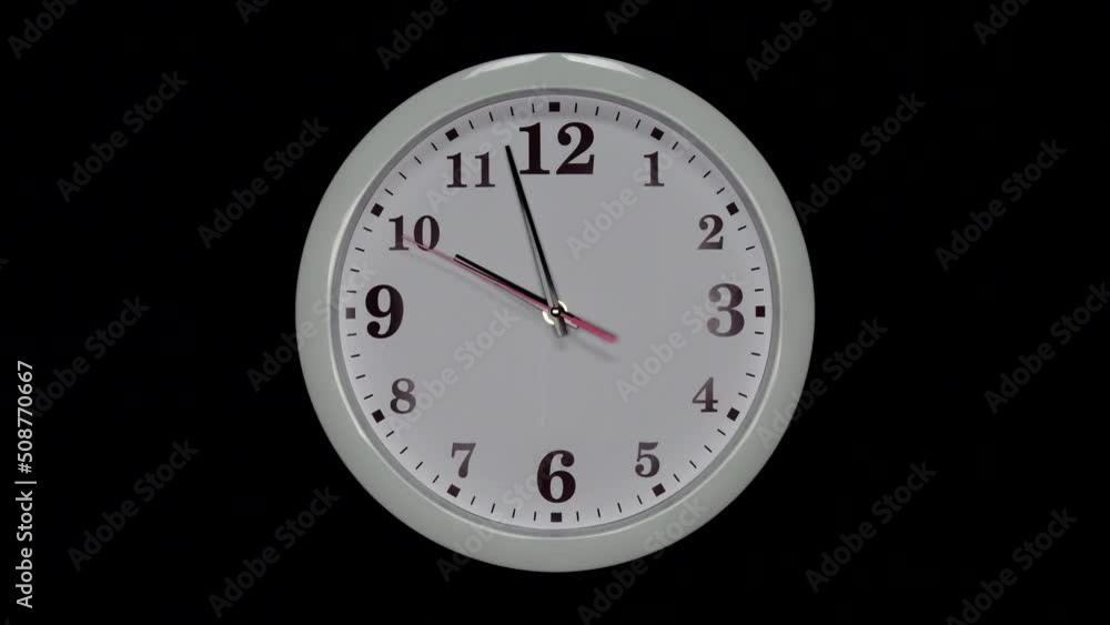 White Wall Clock With A Black Arrows And Red Second Hand On Black Background. Wall Clock Face Of Time Of 10.00 Am Or Pm. 4k. ProRes. White Wall Clock With A Black Arrows And Red Second Hand On Black Background. Wall Clock Face Of Time Of 10.00 Am Or Pm. 4k. ProRes.