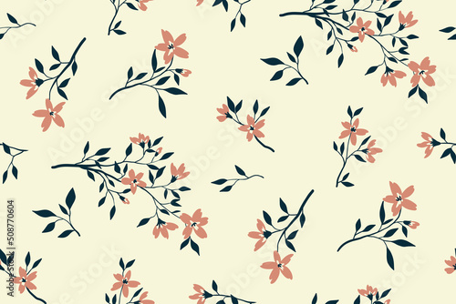 Seamless pattern with small flowering branches on a white background. Romantic floral print, elegant surface design with hand drawn plants, flowers and leaves on twigs. Vector illustration.