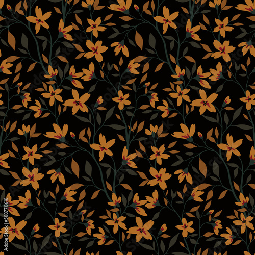 Seamless pattern with autumn botanical, elegant floral composition on dark background. Old fashioned botanical print, vintage surface design with autumn forest, small flowers, leaves, branches. Vector