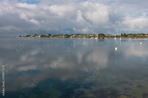 landscape of Brittany with a view of the Ria d'Etel in Plouhinec at the port of Magouër in Morbihan in France in the morning in summer