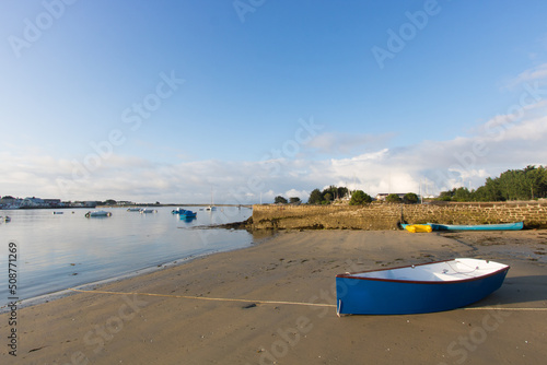 landscape of Brittany with a view of the Ria d'Etel in Plouhinec at the port of Magouër in Morbihan in France in the morning in summer