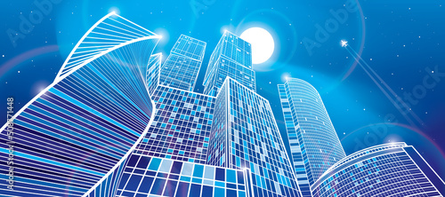 Business building, neon city, urban life, infrastructure illustration, modern architecture, skyscrapers, airplane flying, vector design art