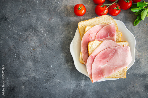 meat sandwich pork ham sausage fresh meal food snack on the table copy space food background rustic