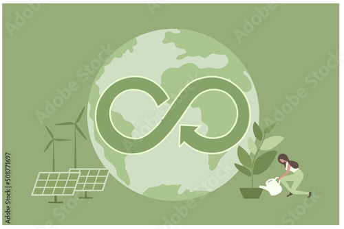 Circular economy concept, global with circular economy icon, wind turbines and solar panel. Sustainable strategy of eliminate waste, renewable and reuse natural resources vector illustration