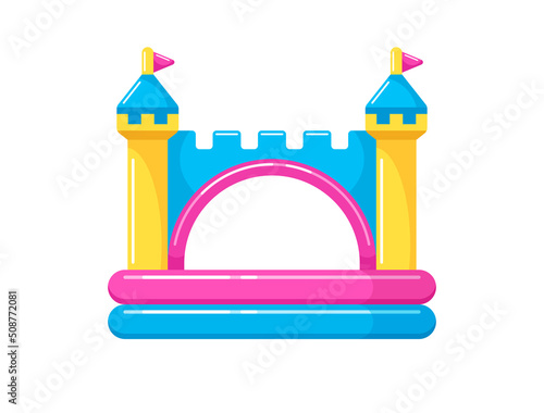 Bounce house, kiddie inflatable pool with castle towers, children's portable swimming bath for summer water games on playground, backyard. Vector colorful flat isolated illustration 