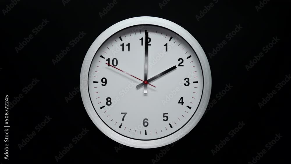 Black Arrows And Red Second Hand Of Grey Wall Clock. Black Background. Wall Clock Face Beginning Of Time Of 2.00 Am Or Pm. 4k. ProRes. Black Arrows And Red Second Hand Of Grey Wall Clock. Black Background. Wall Clock Face Beginning Of Time Of 2.00 Am Or Pm. 4k. ProRes.