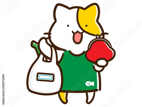スーパーに買い出しに行くかわいい主婦ねこのデフォルメ手書きイラスト